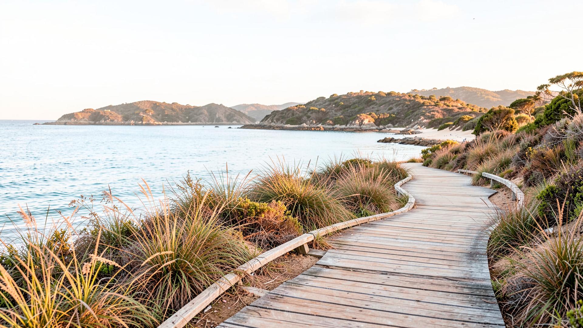 A timber boardwalk curving through coastal grasses beside a calm Australian bay