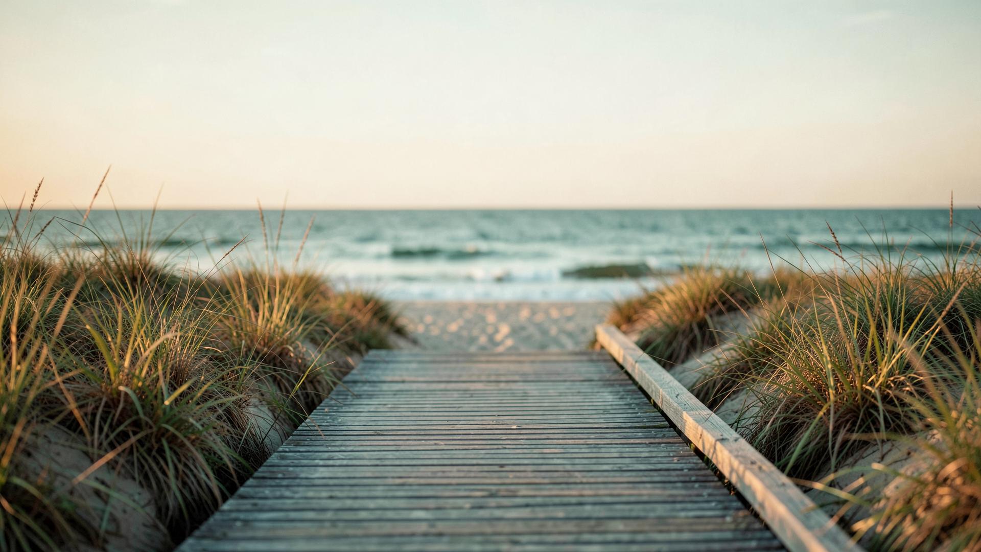 A timber boardwalk leading through coastal grasses towards a calm sea