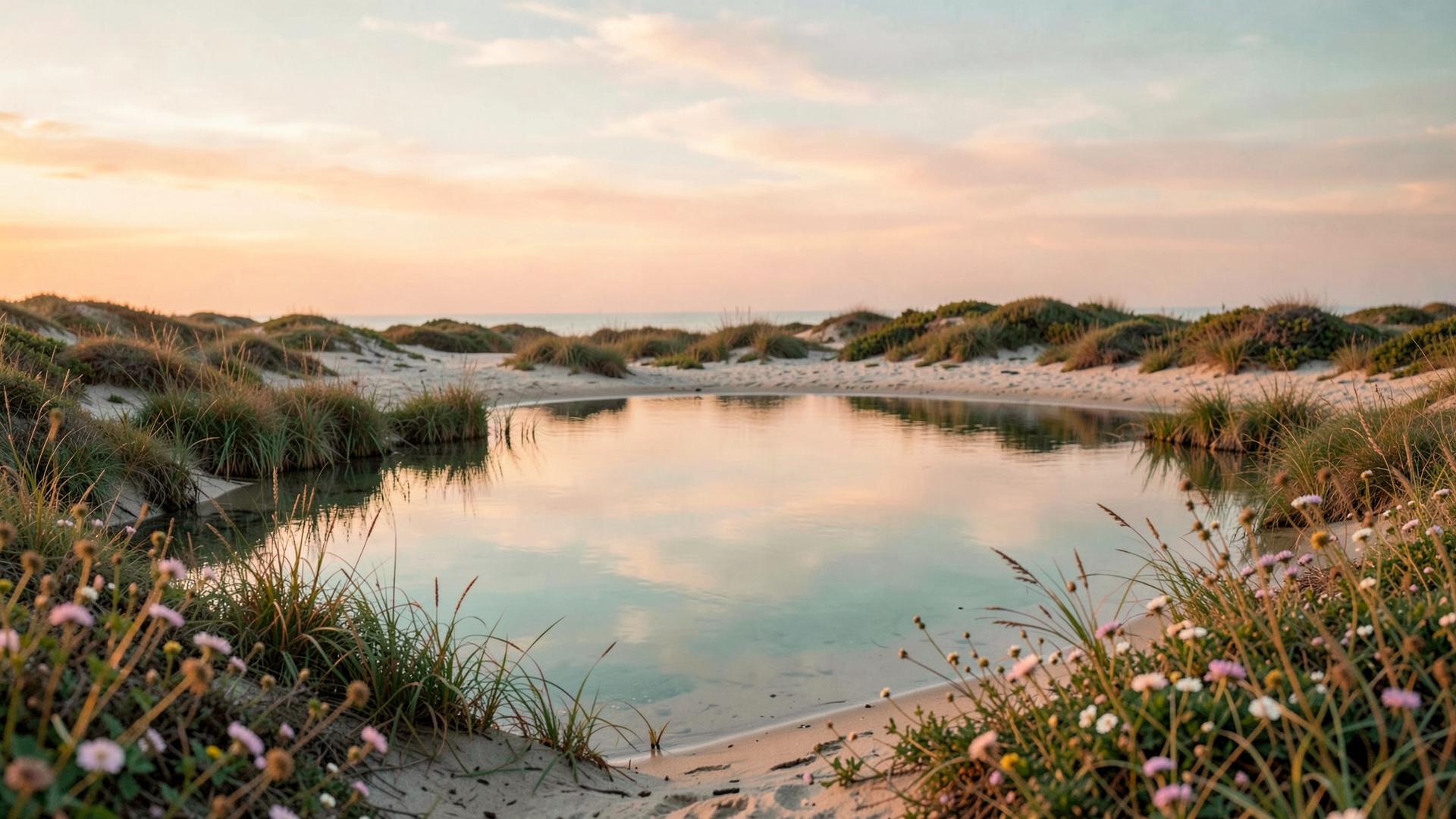 A quiet sandy inlet at golden hour, still water reflecting a soft pastel sky