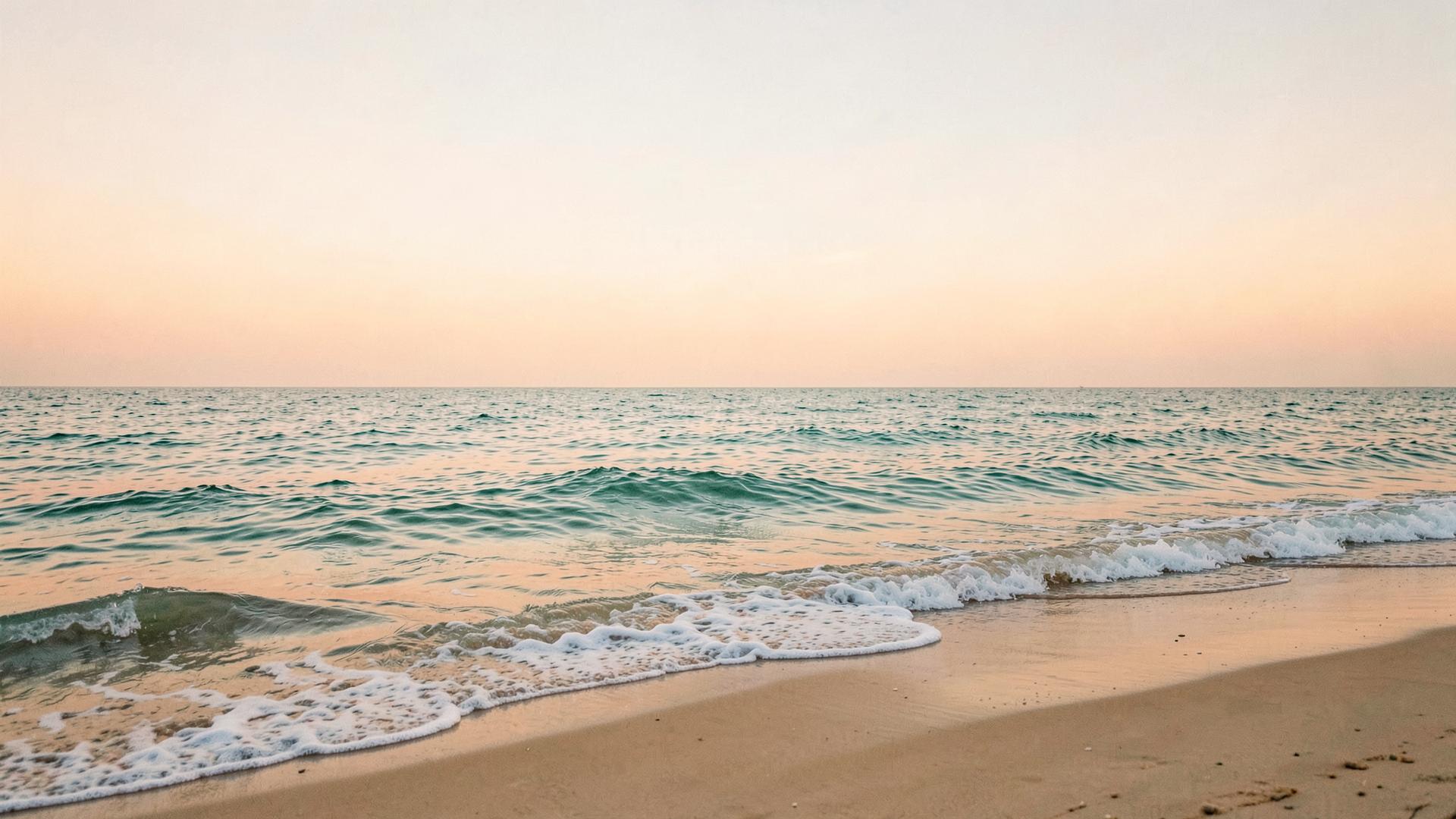 Soft morning light over gentle waves meeting a sandy shore